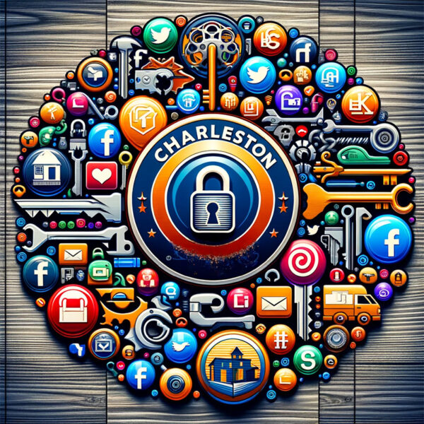 image featuring a collage of various social media icons creatively integrated with the Charleston Locksmith logo. The collage should