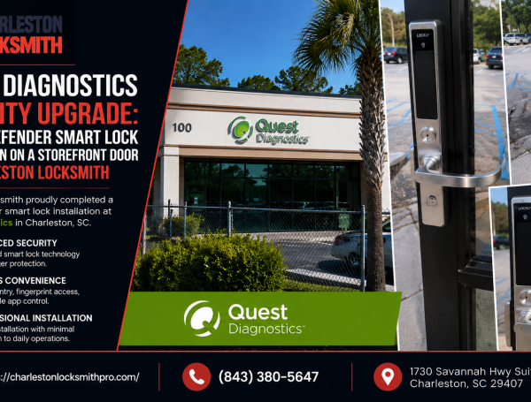 Quest Diagnostics Security Upgrade: Lockly Defender Smart Lock Installation on a Storefront Door by Charleston Locksmith